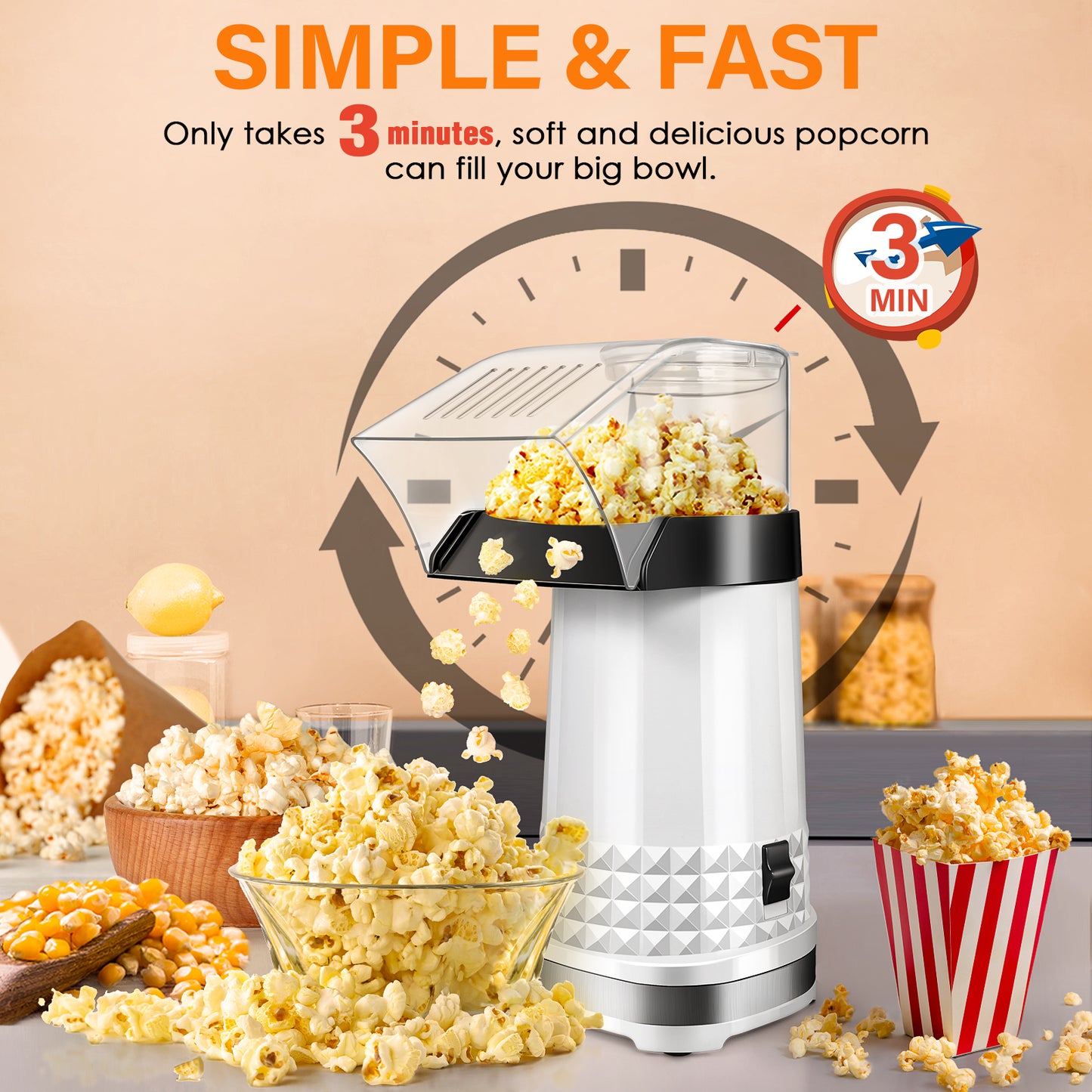 Vminno Quick & Easy Hot Air Popcorn Popper Maker with Measuring Cup + Melts Butter, 4.5 Quarts, Etl Certified, No Oil Electric Popcorn Machine with On/Off Switch for Family Movie Nights, Parties