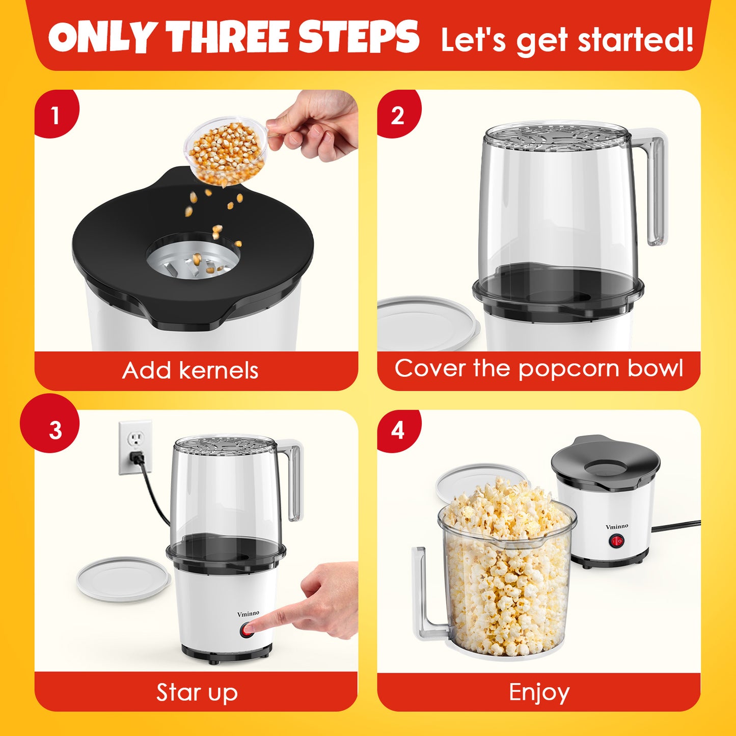Fast Hot Air Popcorn Popper, 8-Cups Popcorn Machine for Home, Air Popper Popcorn Maker, Built-In Serving Bowl with Handles, Compact & Lightweight