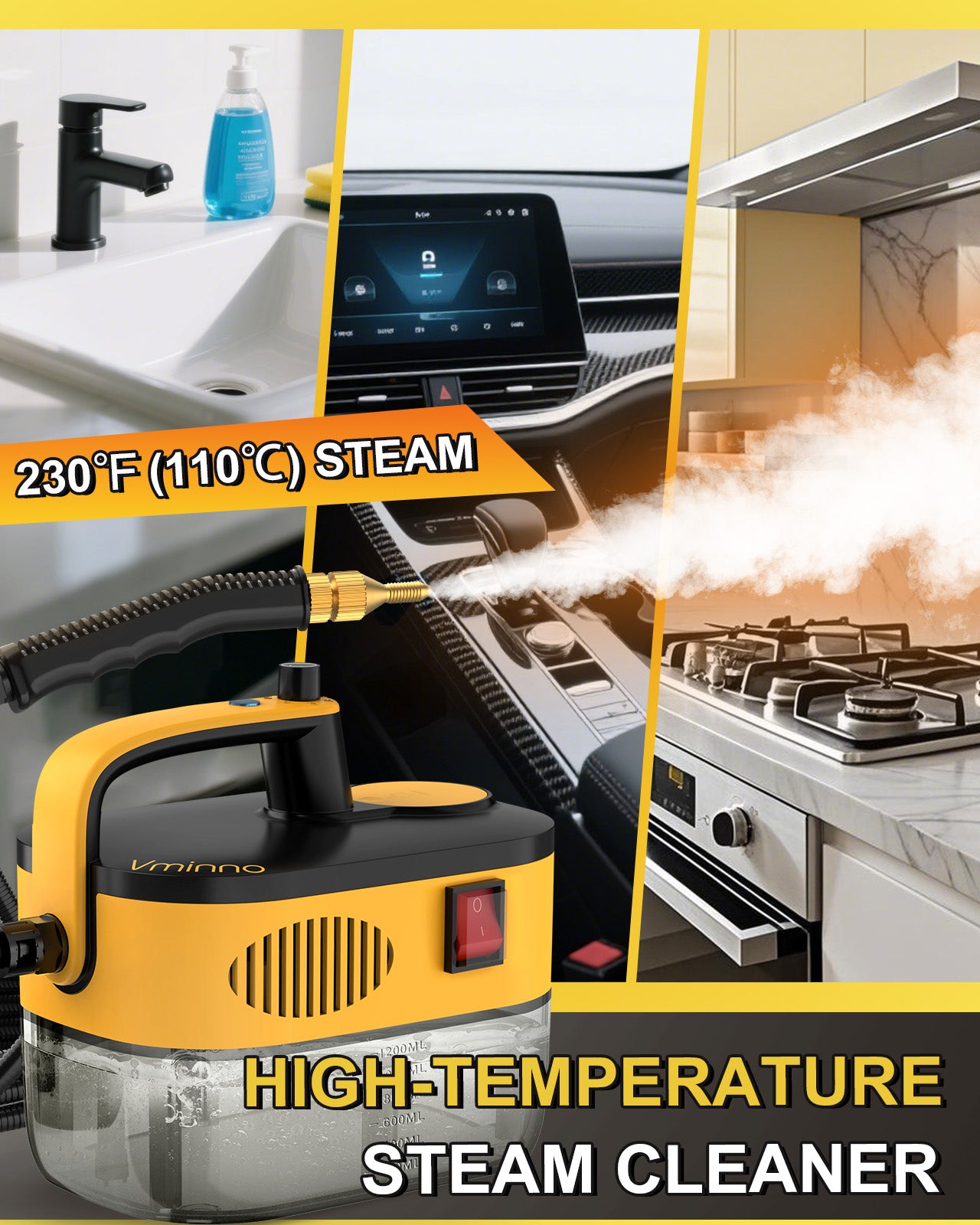 Pressurized Handheld Steam Cleaner For Home Use with 8 Cleaning Tools Steamer for Cleaning Car Bathroom Upholstery Grout Floor, 15s Rapid Heating Up, 6-Gears Steam Adjustable, 1200ML