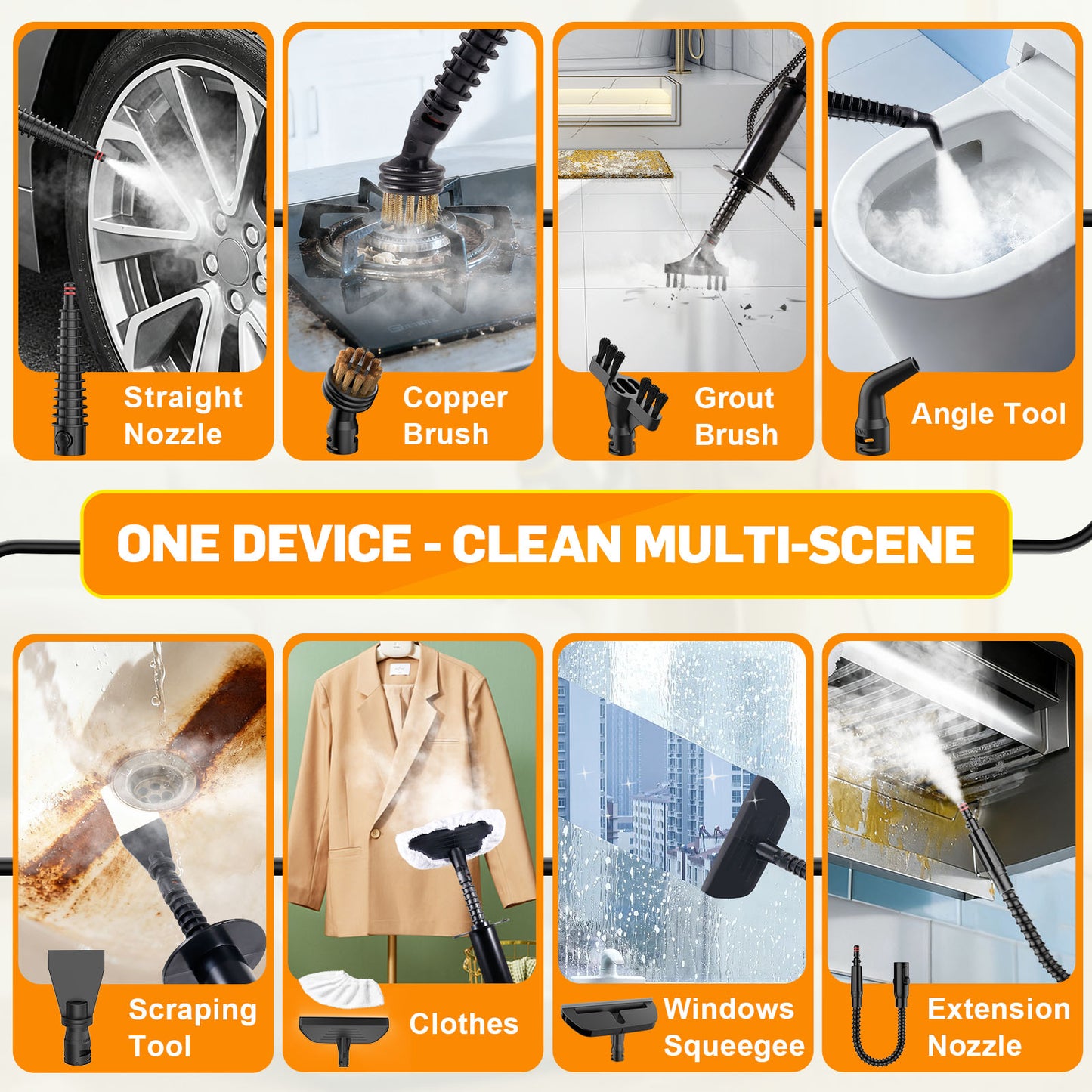 Handheld Steam Cleaner for Home & Car Use, Fast Heating 3-Level Adjustable Pressurized Steamer for Cleaning with 14 pcs Accessories, Continuous Steam Cleaner for Windows, Floor, Grout, Upholstery