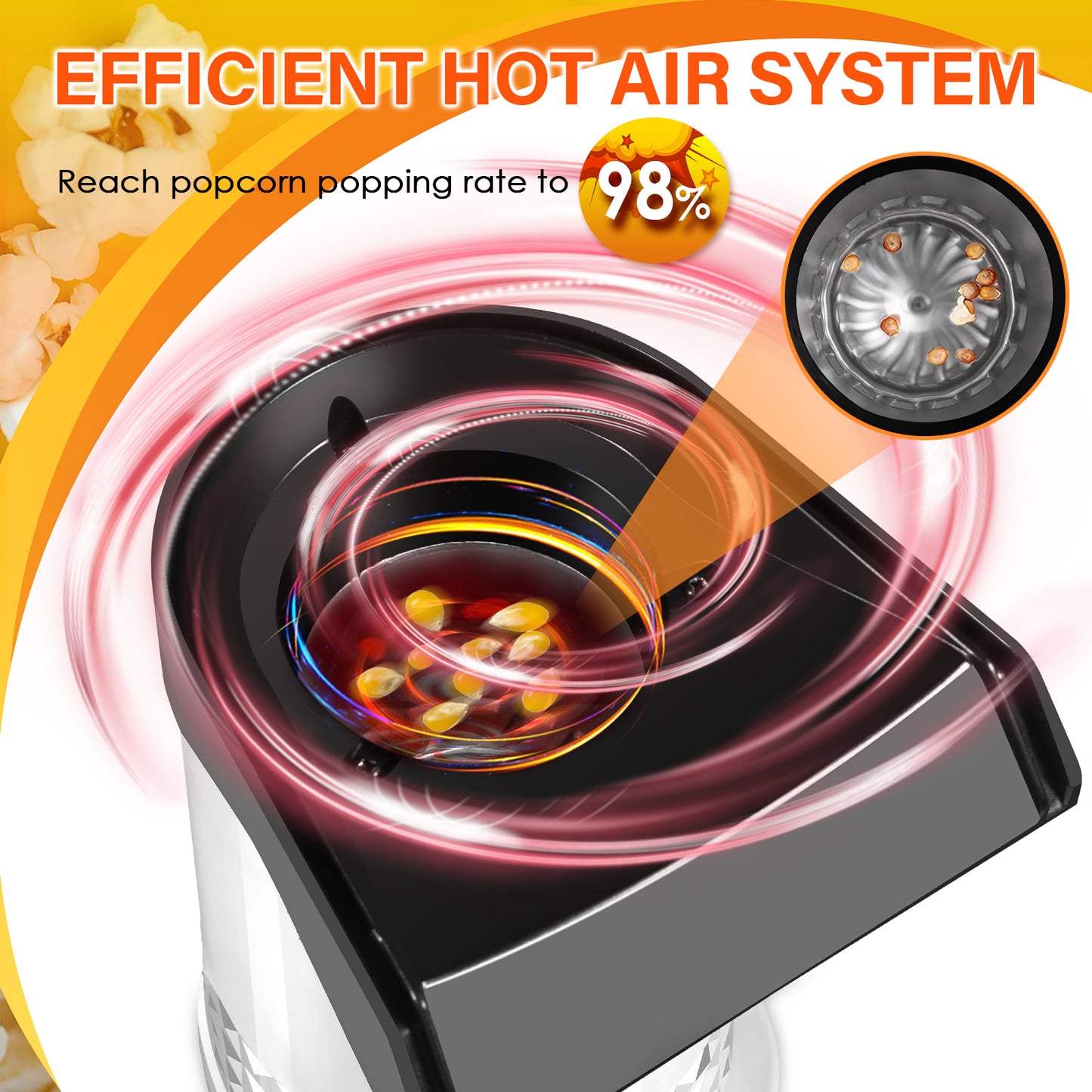 Vminno Quick & Easy Hot Air Popcorn Popper Maker with Measuring Cup + Melts Butter, 4.5 Quarts, Etl Certified, No Oil Electric Popcorn Machine with On/Off Switch for Family Movie Nights, Parties