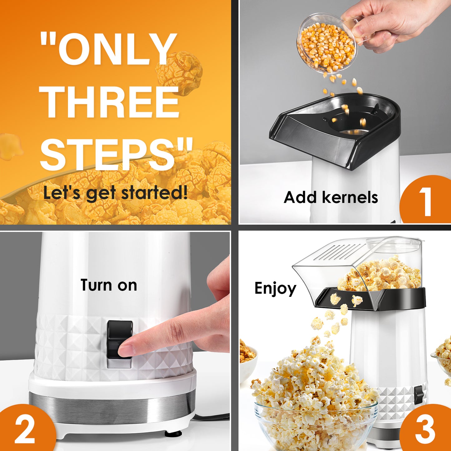 Vminno Quick & Easy Hot Air Popcorn Popper Maker with Measuring Cup + Melts Butter, 4.5 Quarts, Etl Certified, No Oil Electric Popcorn Machine with On/Off Switch for Family Movie Nights, Parties