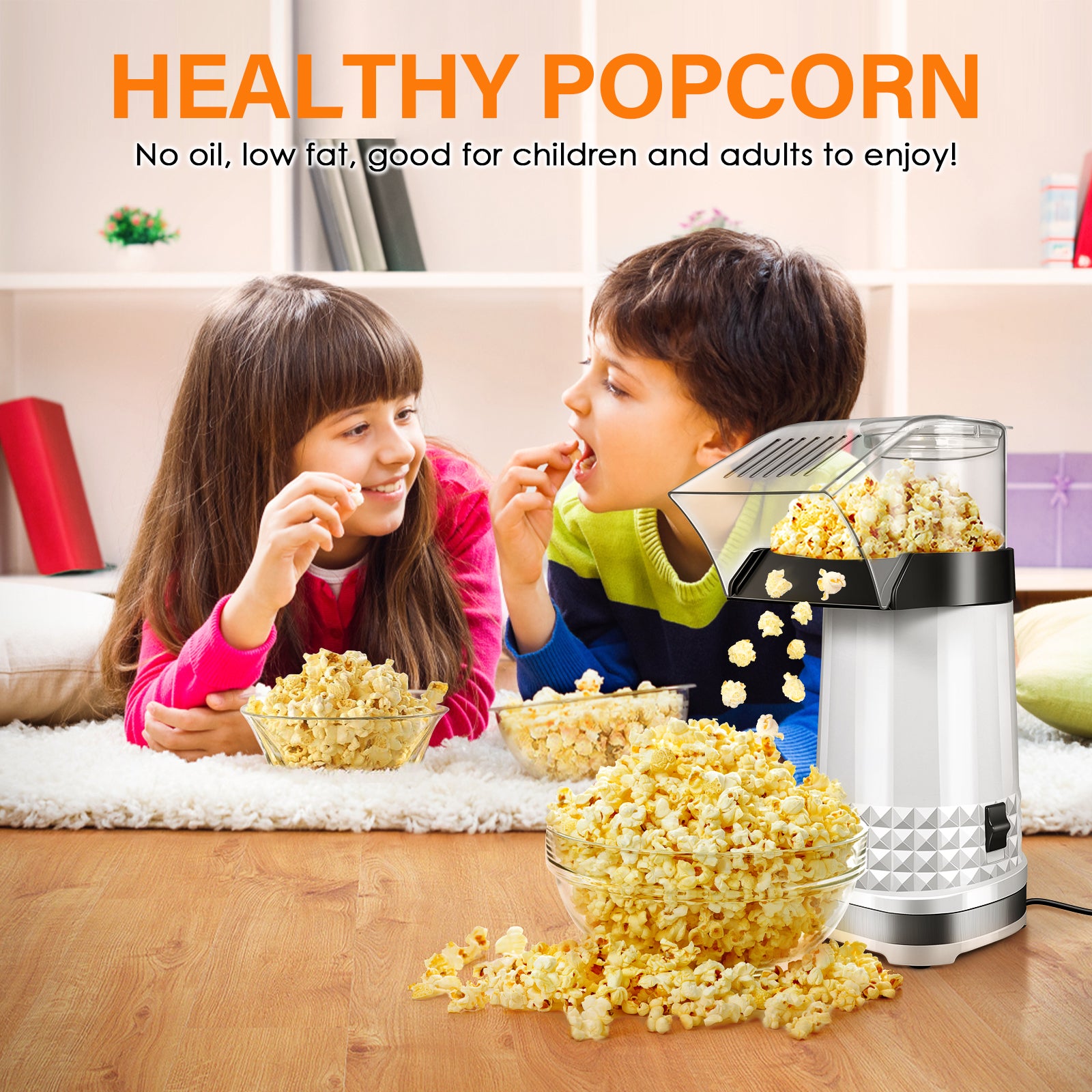 Vminno Quick & Easy Hot Air Popcorn Popper Maker with Measuring Cup + Melts Butter, 4.5 Quarts, Etl Certified, No Oil Electric Popcorn Machine with On/Off Switch for Family Movie Nights, Parties