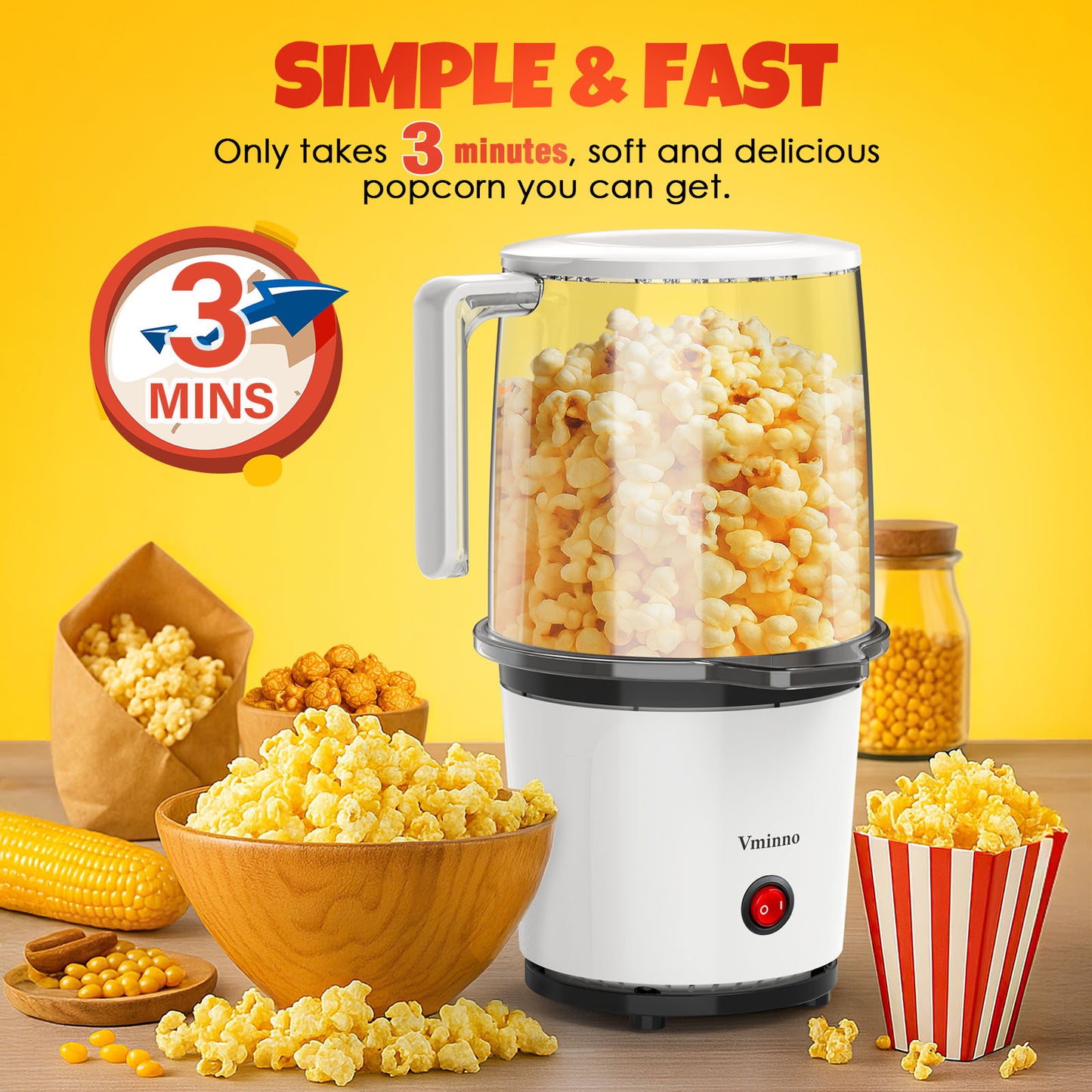 Fast Hot Air Popcorn Popper, 8-Cups Popcorn Machine for Home, Air Popper Popcorn Maker, Built-In Serving Bowl with Handles, Compact & Lightweight