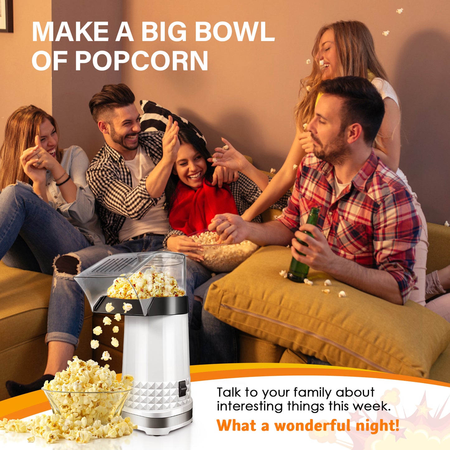 Vminno Quick & Easy Hot Air Popcorn Popper Maker with Measuring Cup + Melts Butter, 4.5 Quarts, Etl Certified, No Oil Electric Popcorn Machine with On/Off Switch for Family Movie Nights, Parties