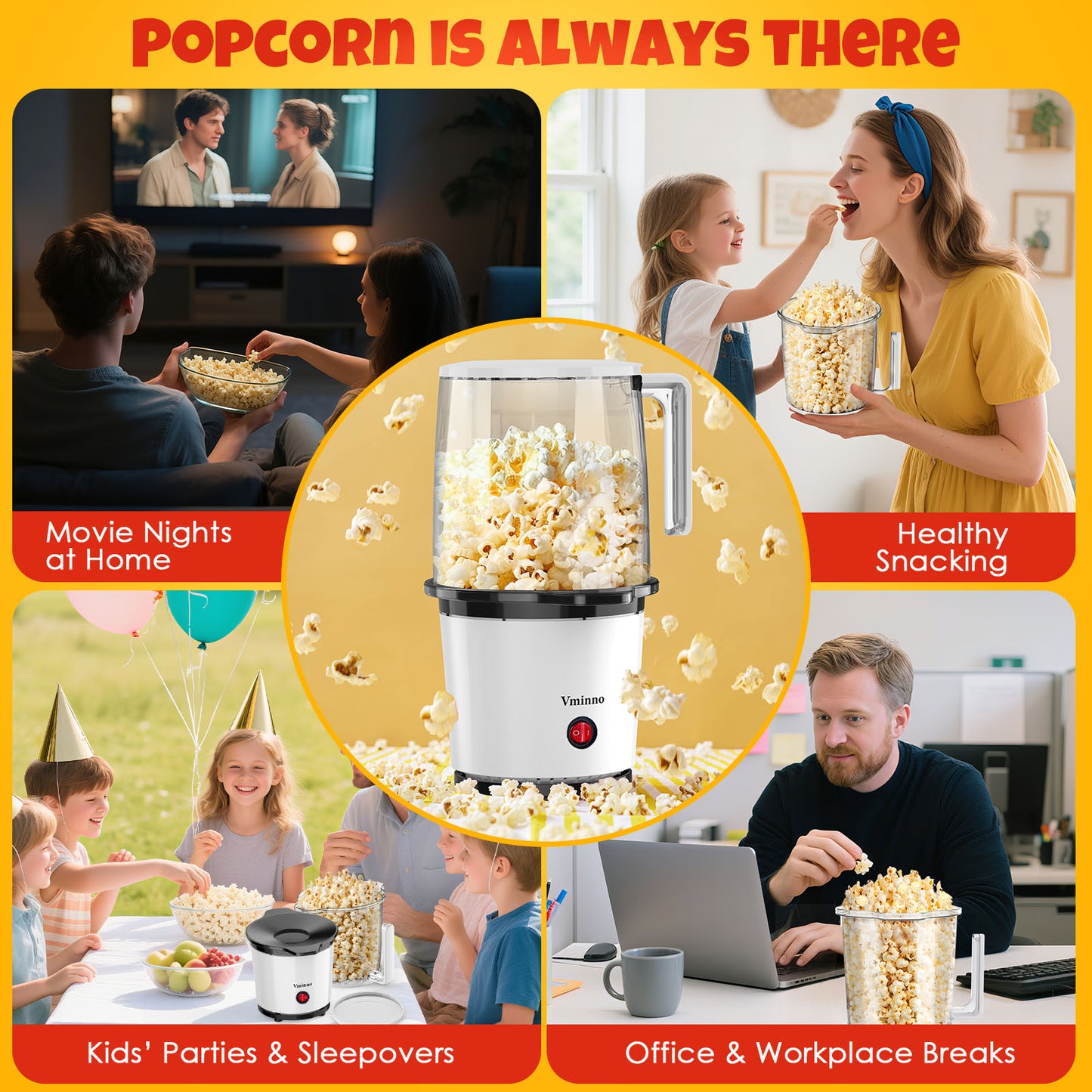 Fast Hot Air Popcorn Popper, 8-Cups Popcorn Machine for Home, Air Popper Popcorn Maker, Built-In Serving Bowl with Handles, Compact & Lightweight