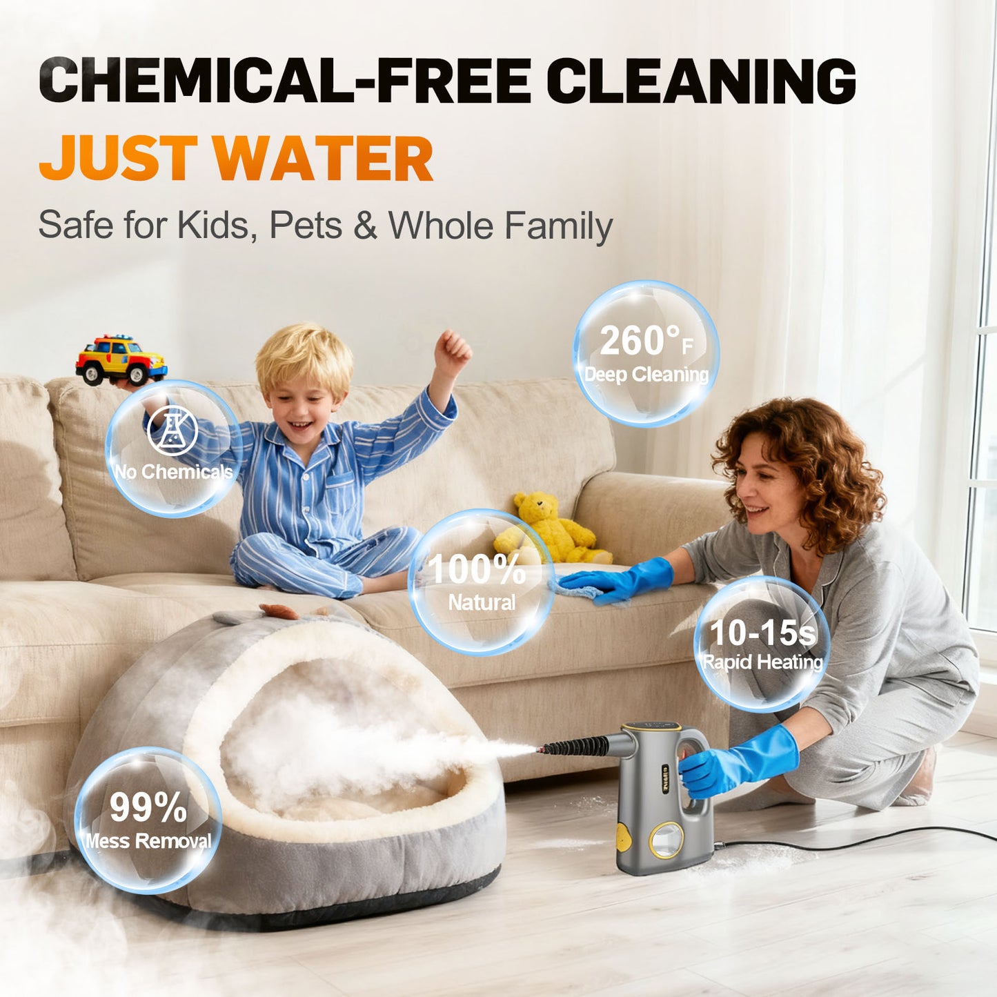 Handheld Steam Cleaner for Home & Car Use, Fast Heating 3-Level Adjustable Pressurized Steamer for Cleaning with 14 pcs Accessories, Continuous Steam Cleaner for Windows, Floor, Grout, Upholstery