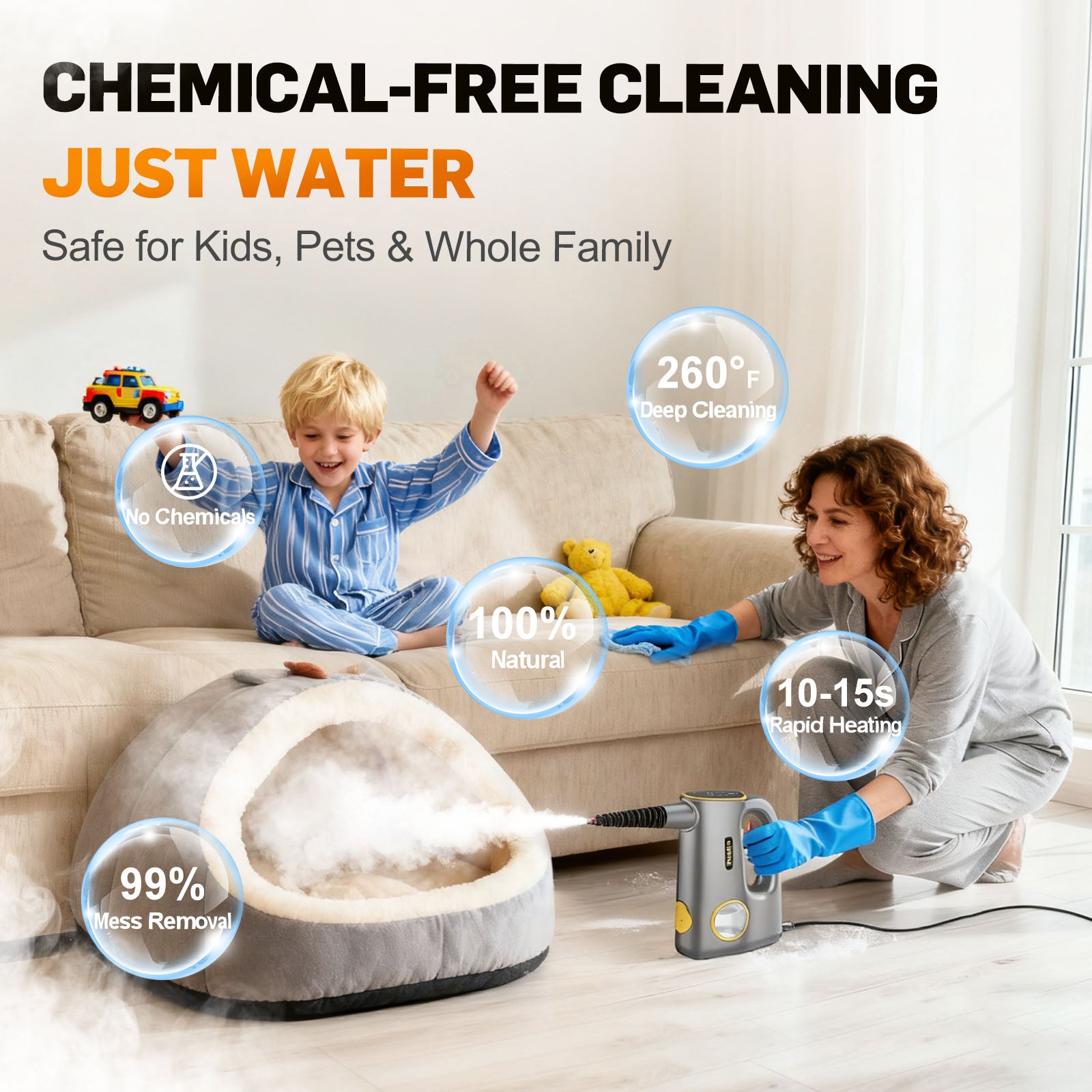 Handheld Steam Cleaner for Home & Car Use, Fast Heating 3-Level Adjustable Pressurized Steamer for Cleaning with 14 pcs Accessories, Continuous Steam Cleaner for Windows, Floor, Grout, Upholstery