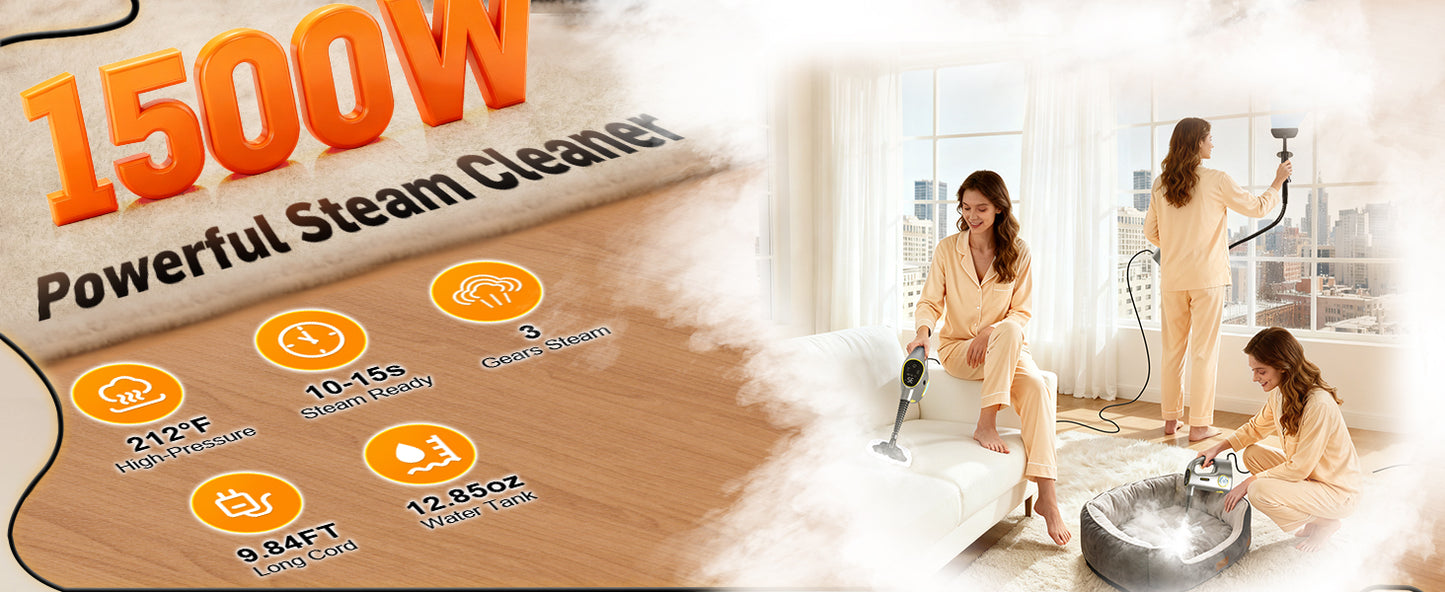 Handheld Steam Cleaner for Home & Car Use, Fast Heating 3-Level Adjustable Pressurized Steamer for Cleaning with 14 pcs Accessories, Continuous Steam Cleaner for Windows, Floor, Grout, Upholstery