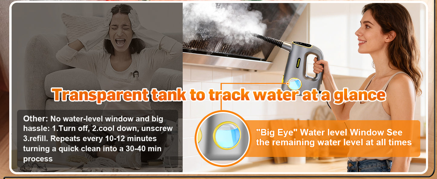 Handheld Steam Cleaner for Home & Car Use, Fast Heating 3-Level Adjustable Pressurized Steamer for Cleaning with 14 pcs Accessories, Continuous Steam Cleaner for Windows, Floor, Grout, Upholstery